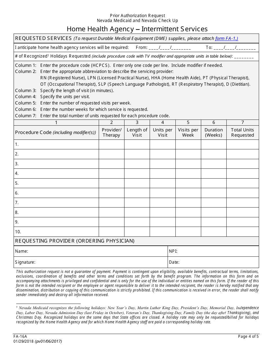 Form FA-16A Intermittent Services Prior Authorization Request - Home Health Agency - Nevada, Page 4