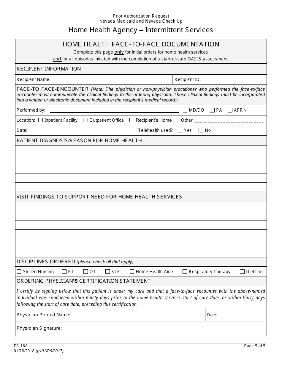 Form FA-16A Intermittent Services Prior Authorization Request - Home Health Agency - Nevada, Page 5