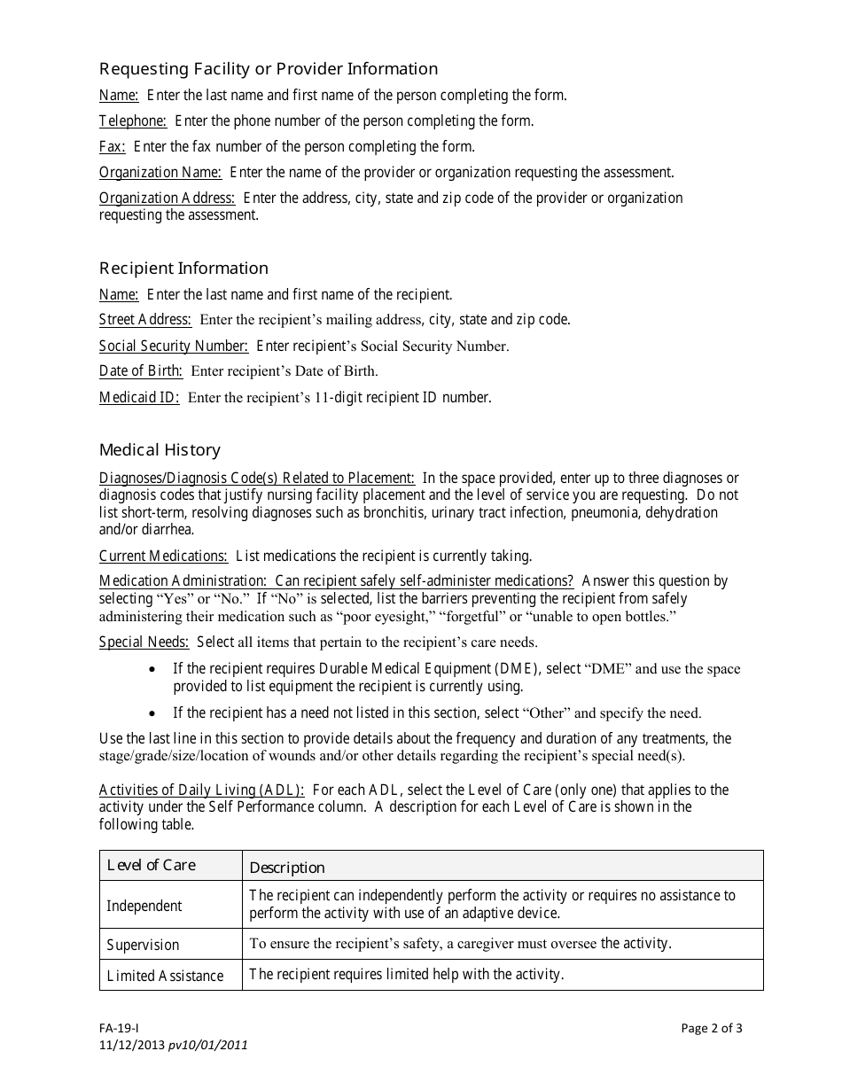 Instructions for Form FA-19 Level of Care Assessment Form for Nursing Facilities - Nevada, Page 2
