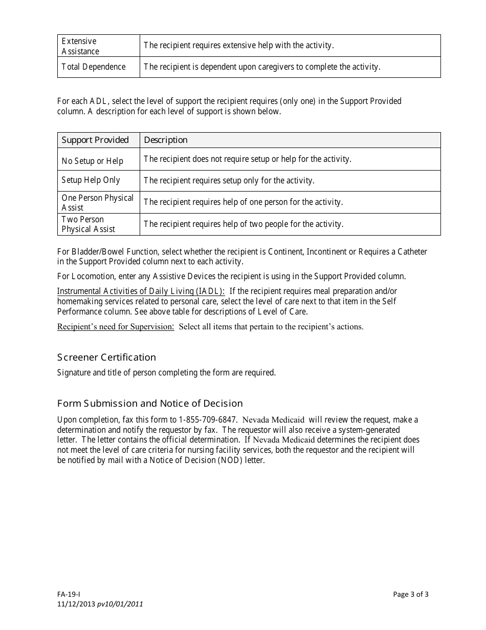 Instructions for Form FA-19 Level of Care Assessment Form for Nursing Facilities - Nevada, Page 3