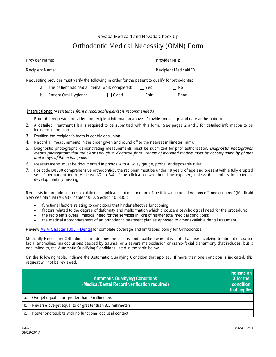 Form FA25 Download Fillable PDF or Fill Online Orthodontic Medical