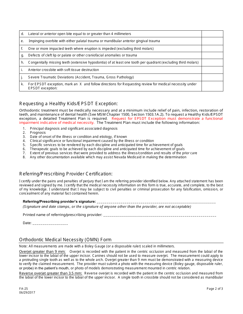 Form FA-25 Orthodontic Medical Necessity (Omn) Form - Nevada, Page 2