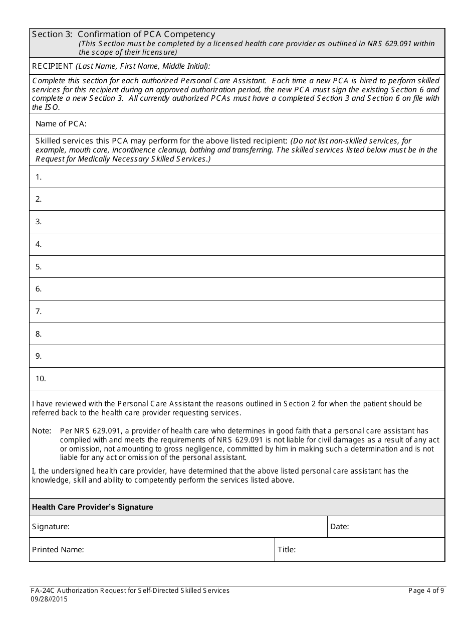 Form FA-24C Authorization Request for Self-directed Skilled Services - Nevada, Page 4
