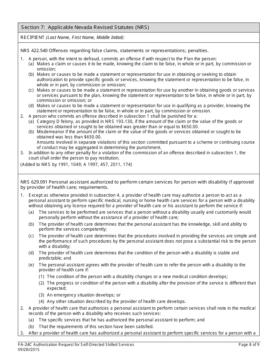 Form FA-24C Authorization Request for Self-directed Skilled Services - Nevada, Page 8