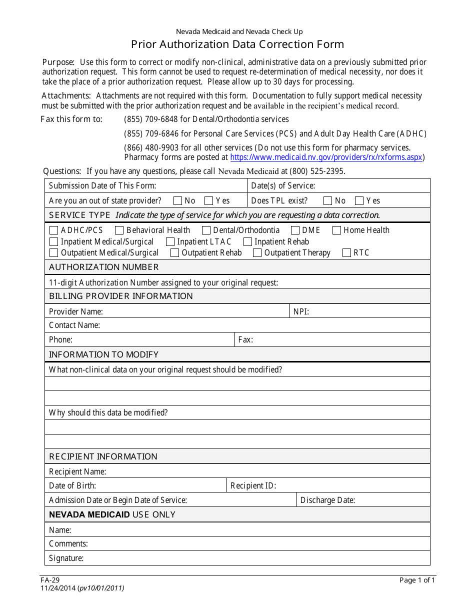 Form FA-29 Prior Authorization Data Correction Form - Nevada, Page 1