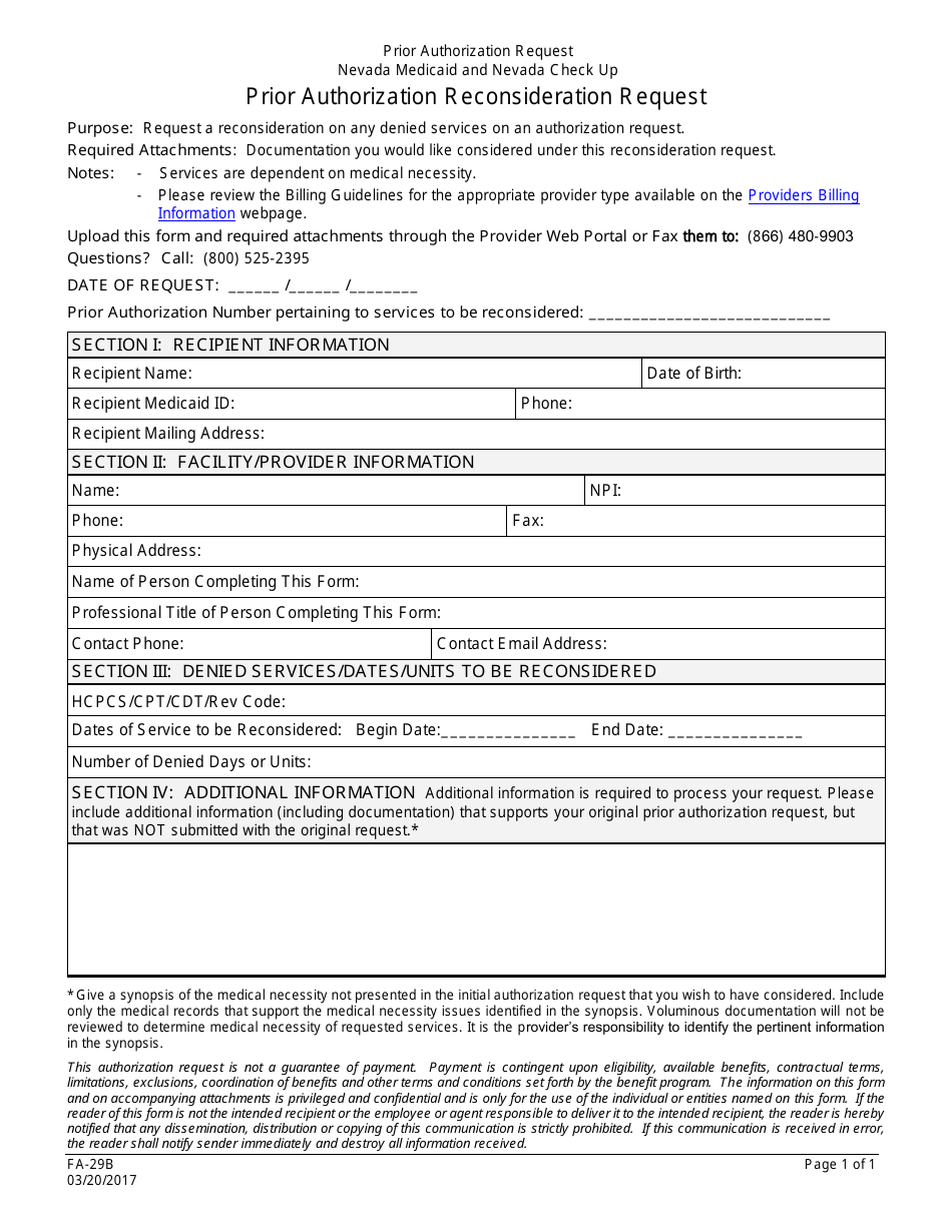 Form FA-29B Prior Authorization Reconsideration Request - Nevada, Page 1