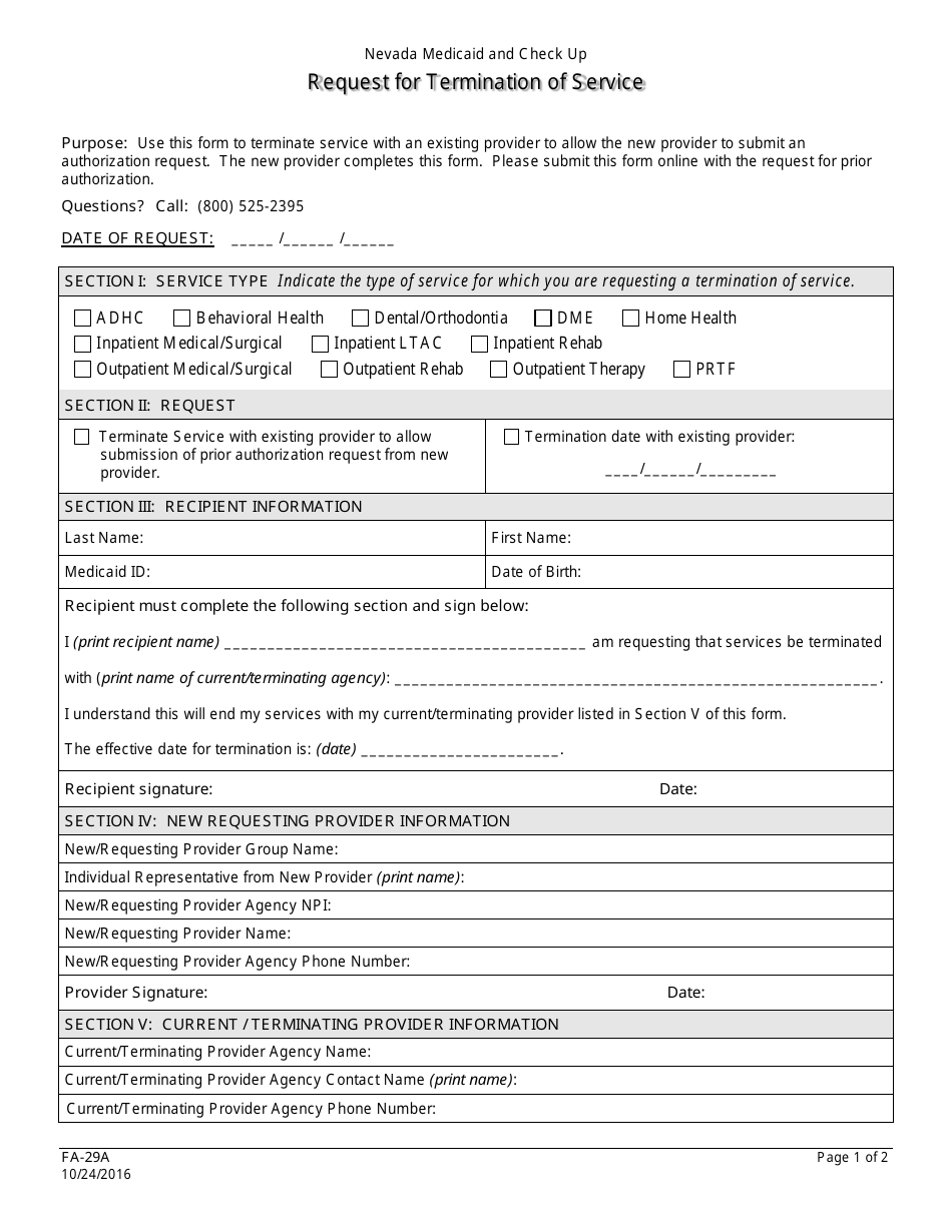 Form FA-29A Request for Termination of Service - Nevada, Page 1