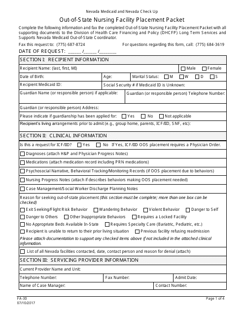 Form FA-30 Out-of-State Nursing Facility Placement Packet - Nevada