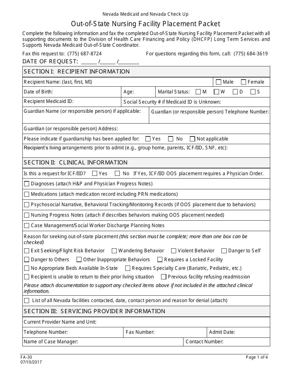 Form FA-30 Out-of-State Nursing Facility Placement Packet - Nevada, Page 1