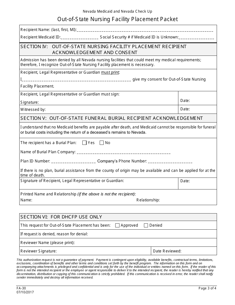 Form FA-30 Out-of-State Nursing Facility Placement Packet - Nevada, Page 3