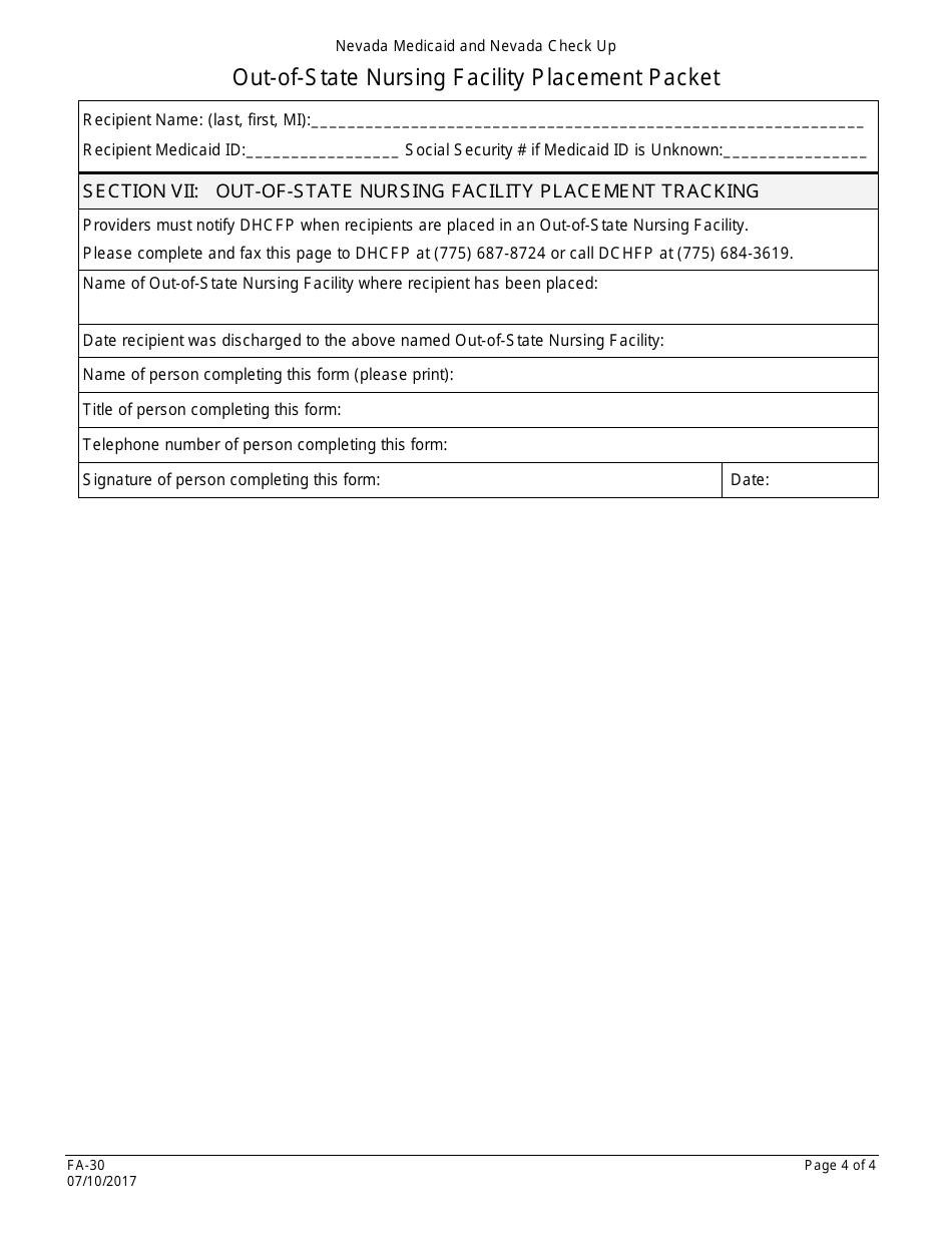 Form FA-30 Out-of-State Nursing Facility Placement Packet - Nevada, Page 4