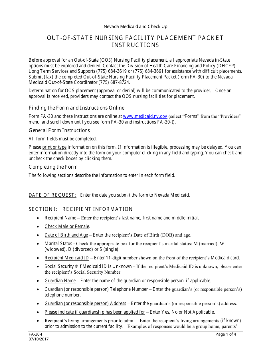 Instructions for Form FA-30 Out-of-State Nursing Facility Placement Packet - Nevada, Page 1