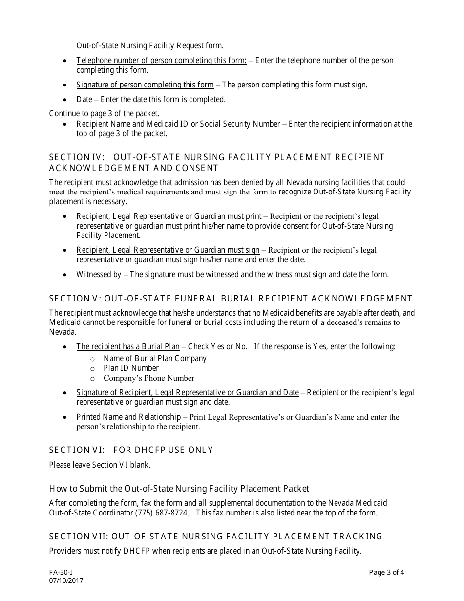 Instructions for Form FA-30 Out-of-State Nursing Facility Placement Packet - Nevada, Page 3