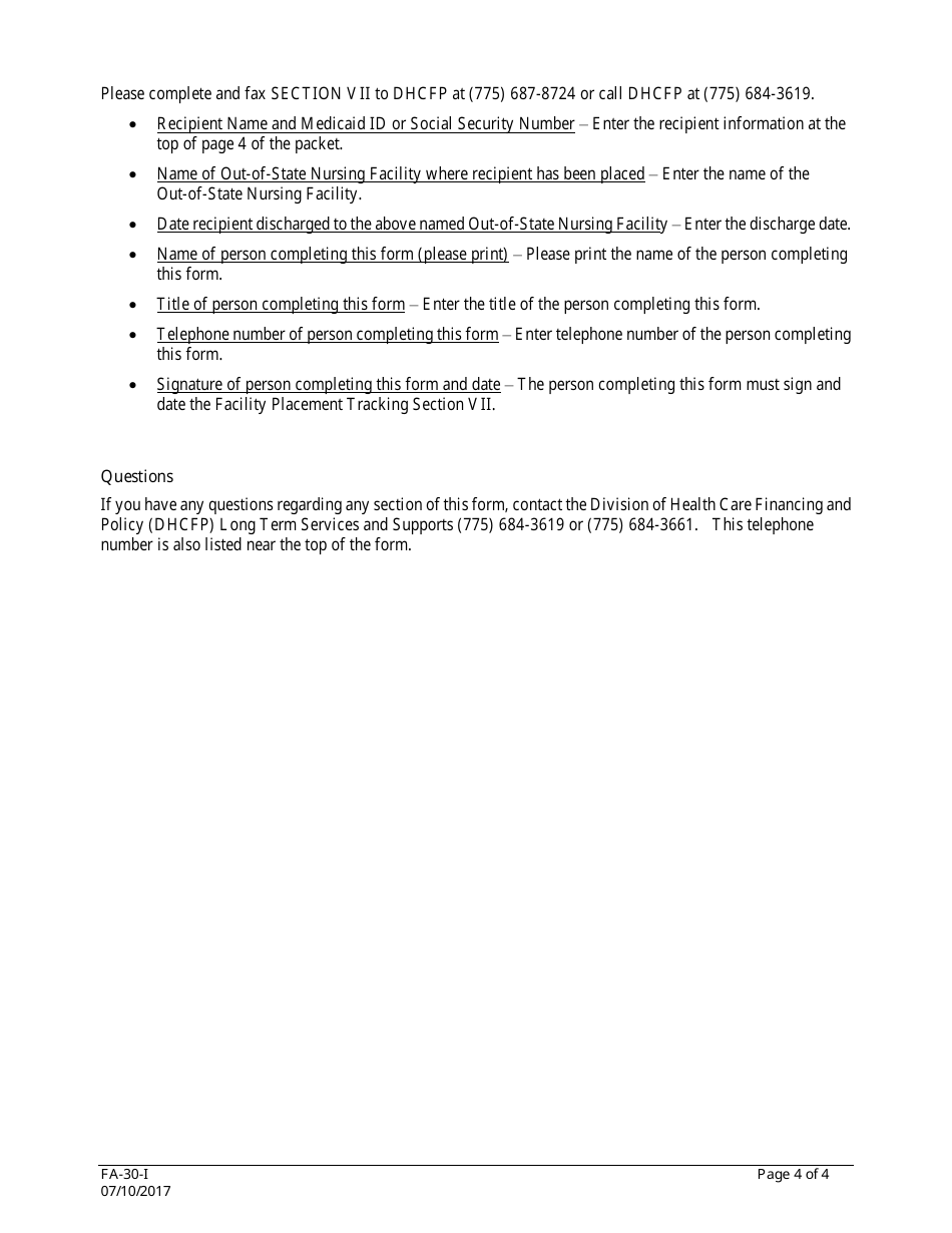 Instructions for Form FA-30 Out-of-State Nursing Facility Placement Packet - Nevada, Page 4