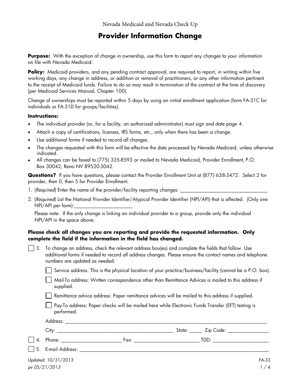 Form FA-33 Provider Information Change - Nevada, Page 1