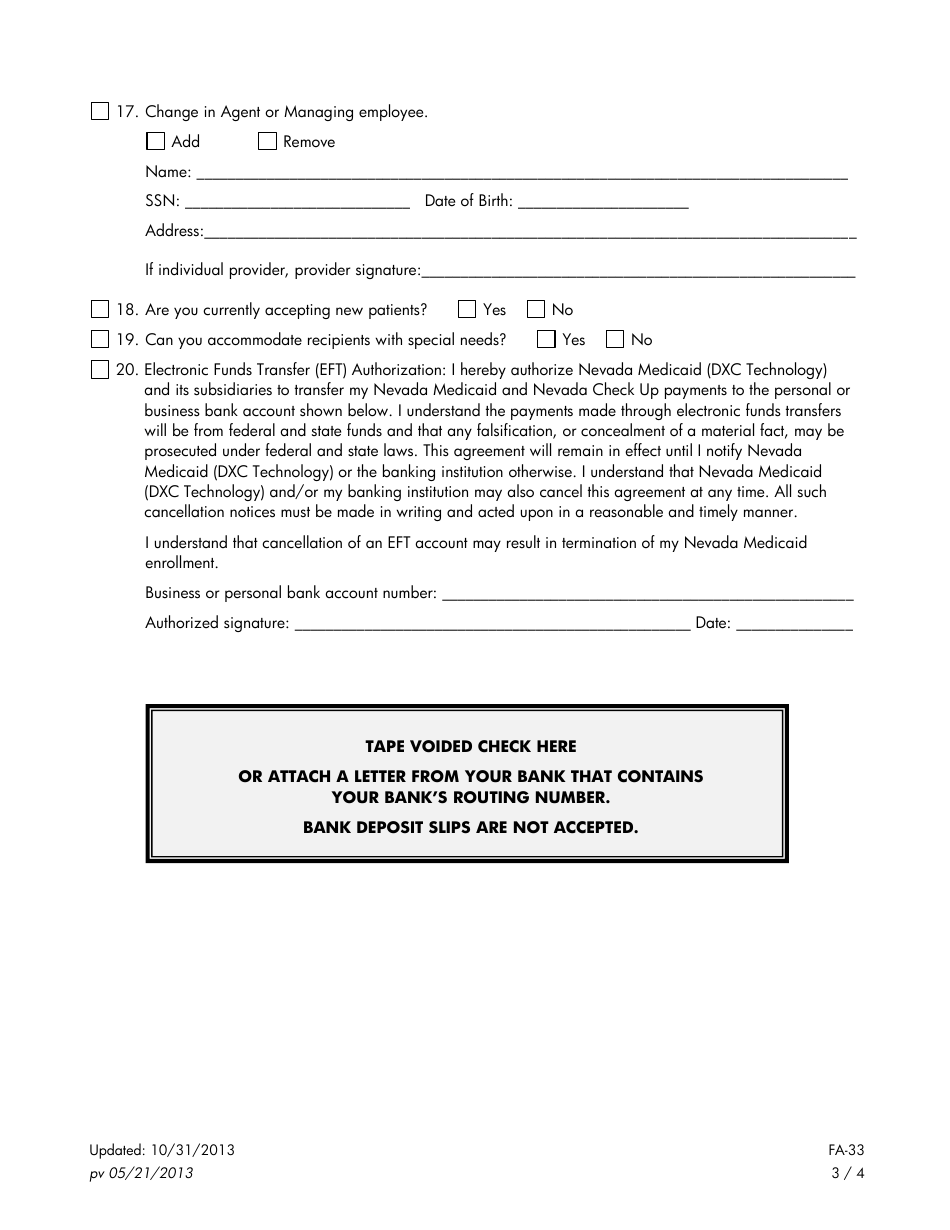 Form FA-33 Provider Information Change - Nevada, Page 3