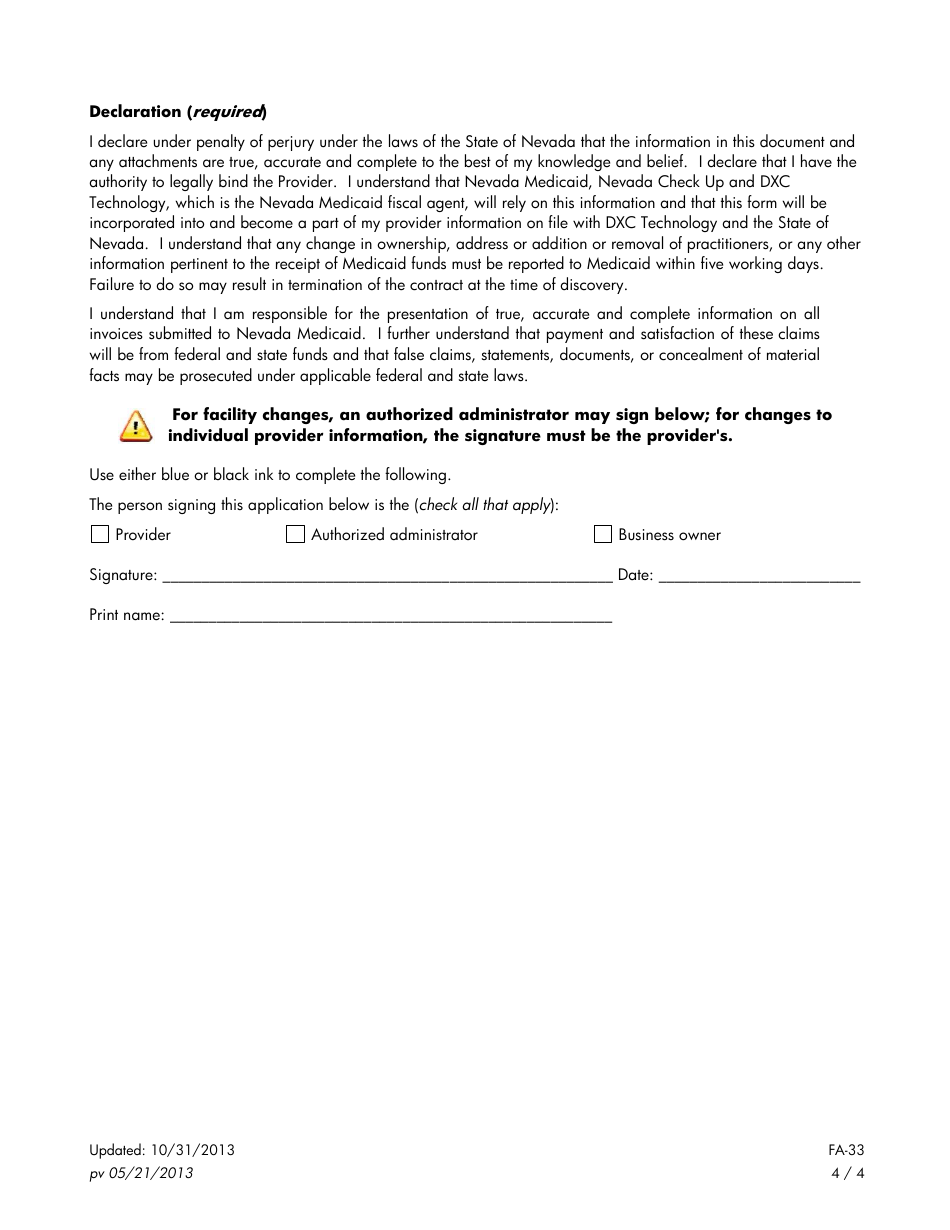 Form FA-33 Provider Information Change - Nevada, Page 4