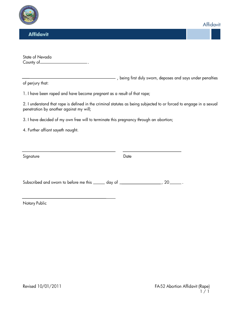 Form FA-52 Abortion Affidavit (Rape) - Nevada, Page 1