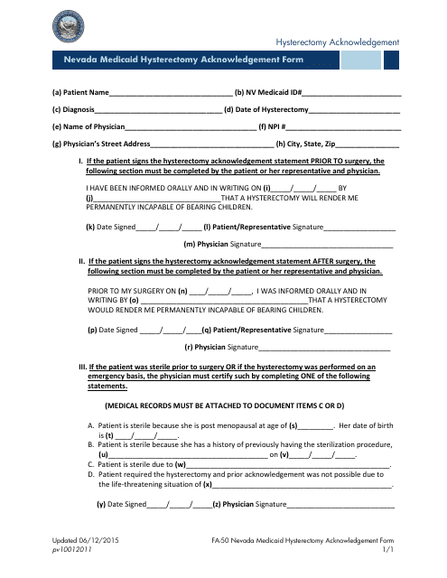 Form FA-50 Nevada Medicaid Hysterectomy Acknowledgement Form - Nevada