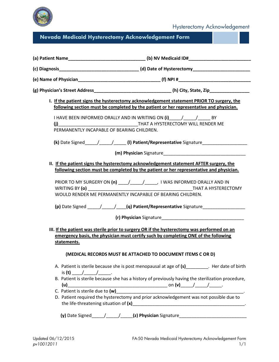 Form FA-50 Nevada Medicaid Hysterectomy Acknowledgement Form - Nevada, Page 1