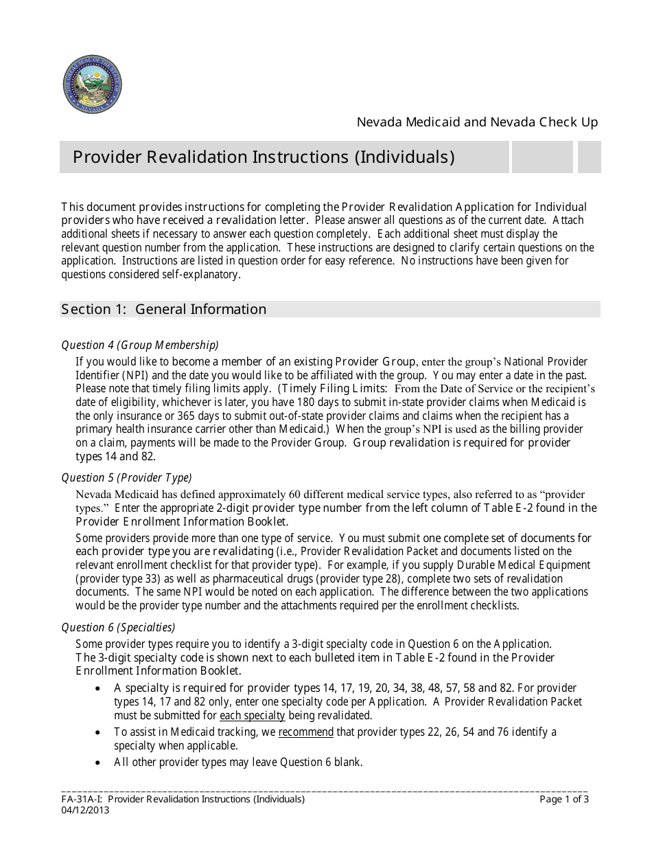 Form FA-31A Provider Revalidation Application (Individuals) - Nevada, Page 1