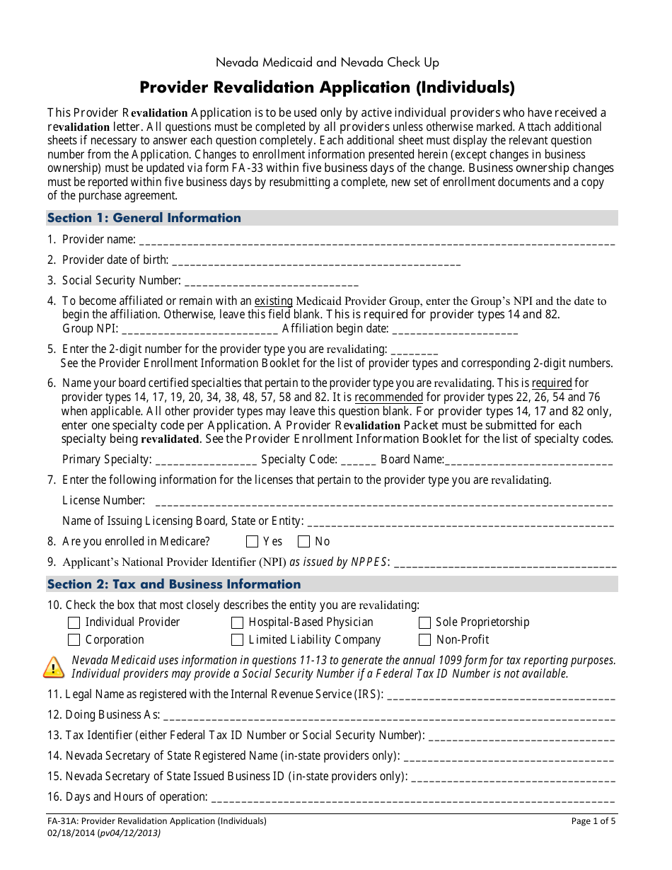 Form FA-31A Provider Revalidation Application (Individuals) - Nevada, Page 4