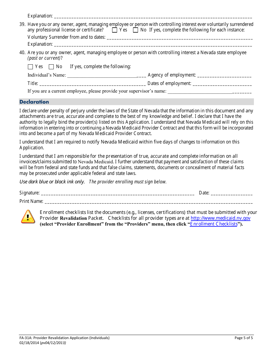 Form FA-31A Provider Revalidation Application (Individuals) - Nevada, Page 8