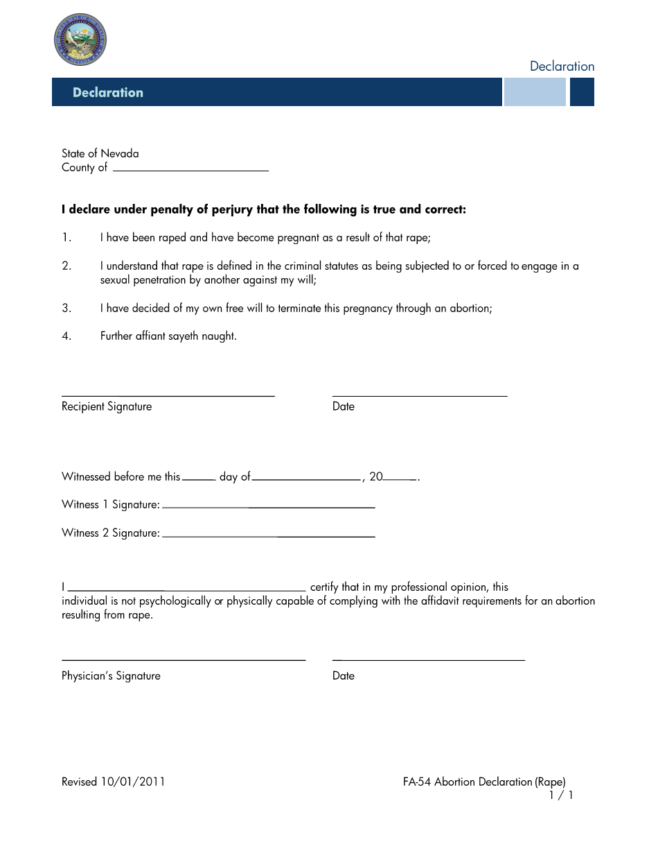 Form FA-54 - Fill Out, Sign Online and Download Fillable PDF, Nevada ...