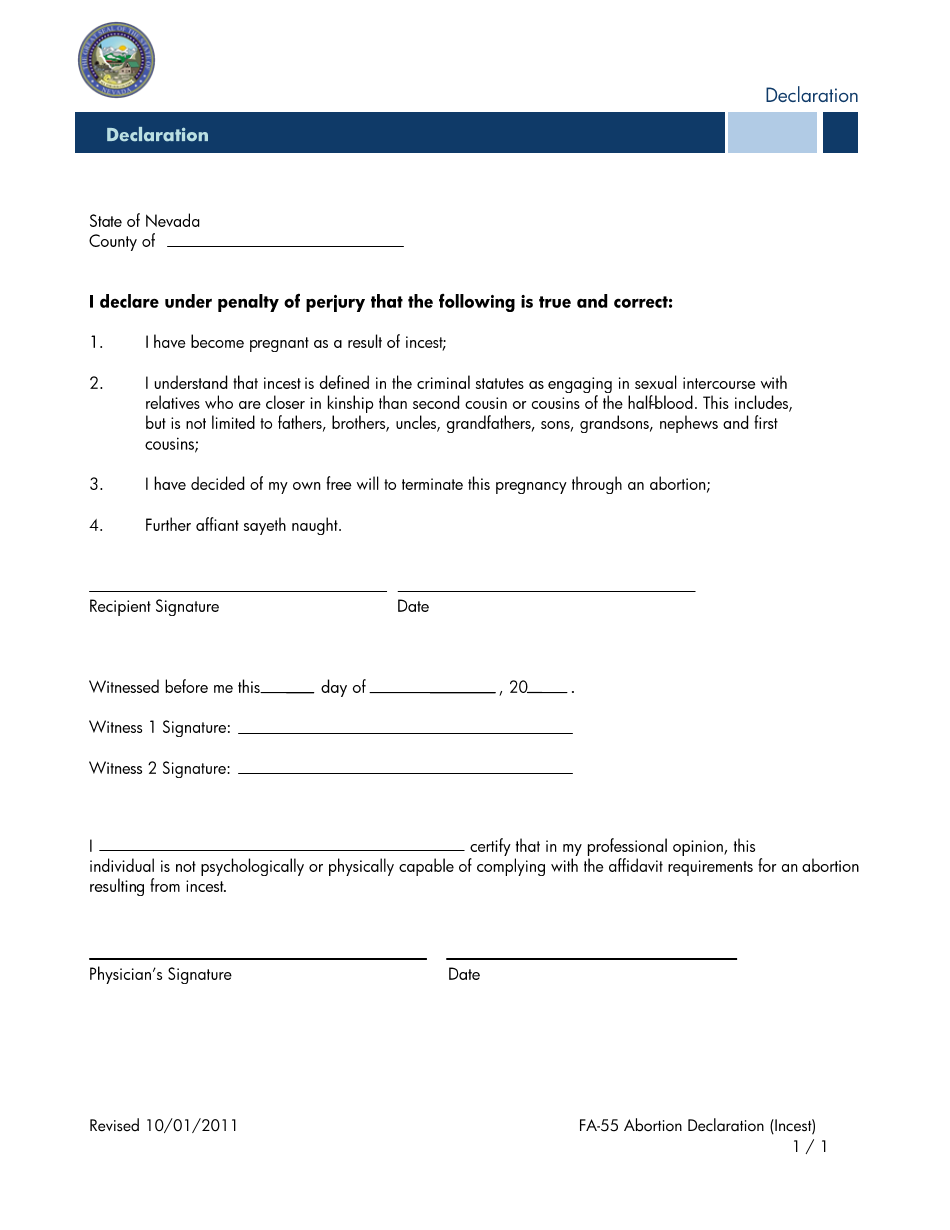 Form FA-55 Abortion Declaration (Incest) - Nevada, Page 1