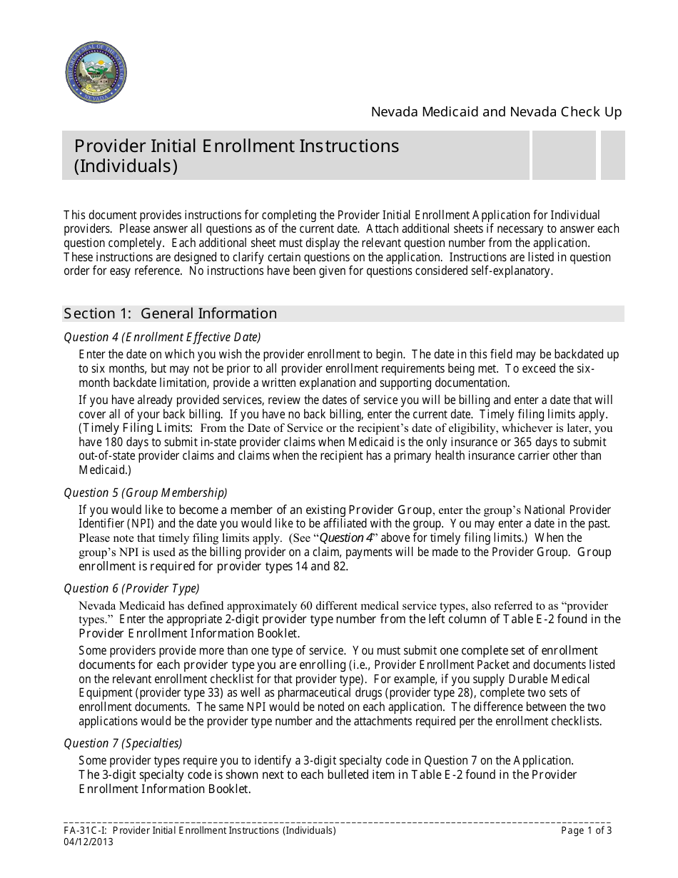 Form FA-31C Provider Initial Enrollment Application (Individuals) - Nevada, Page 1