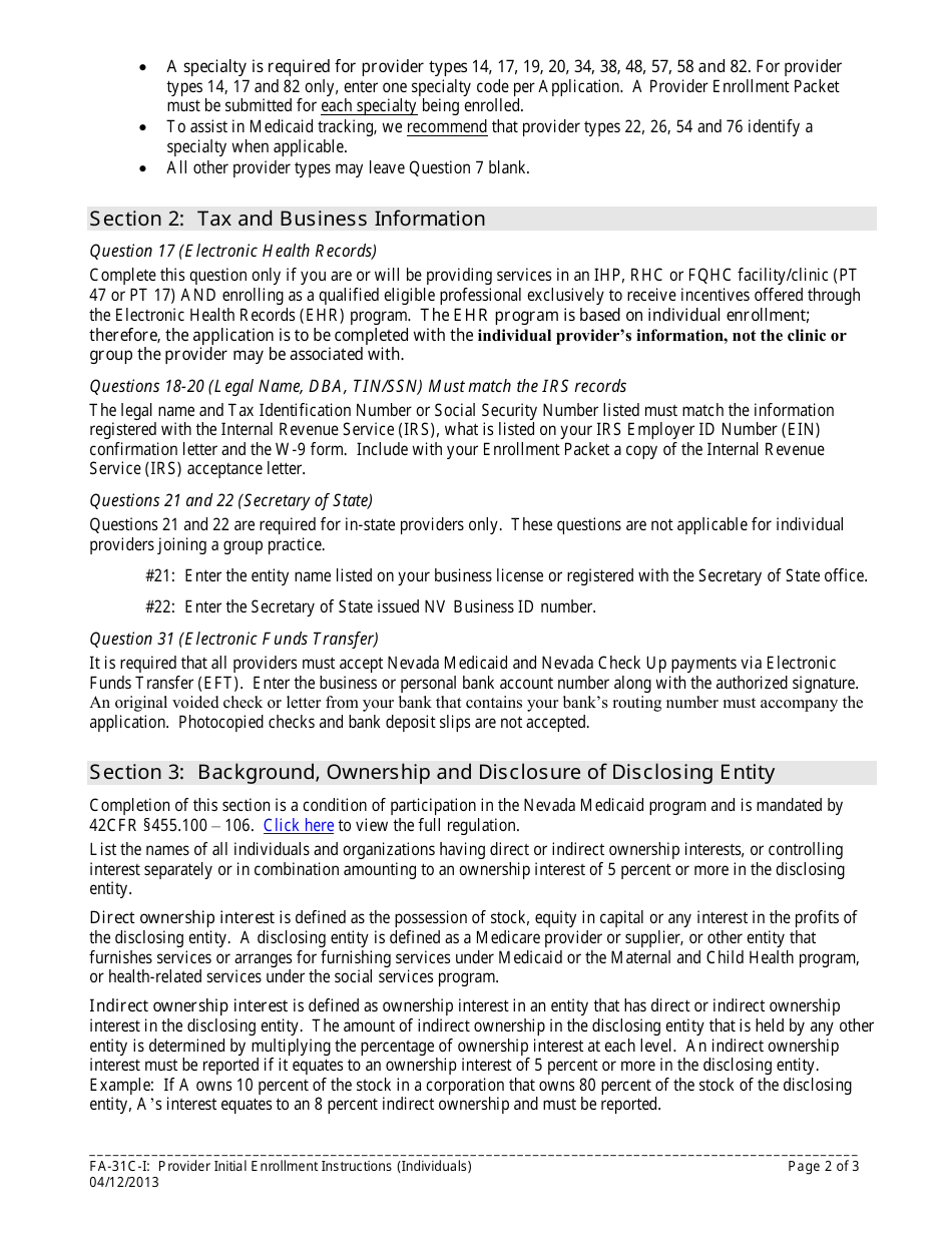 Form FA-31C Provider Initial Enrollment Application (Individuals) - Nevada, Page 2