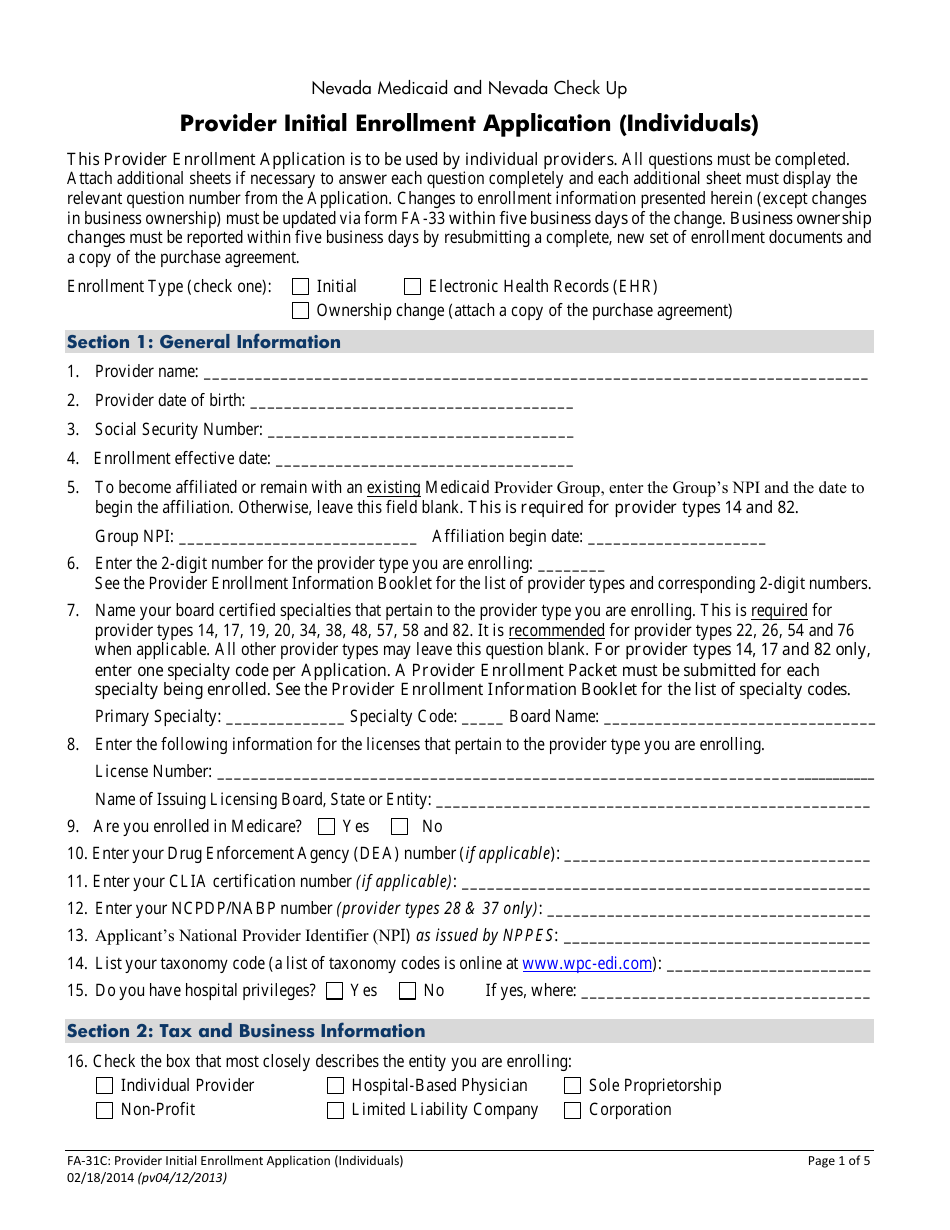 Form FA-31C Provider Initial Enrollment Application (Individuals) - Nevada, Page 4