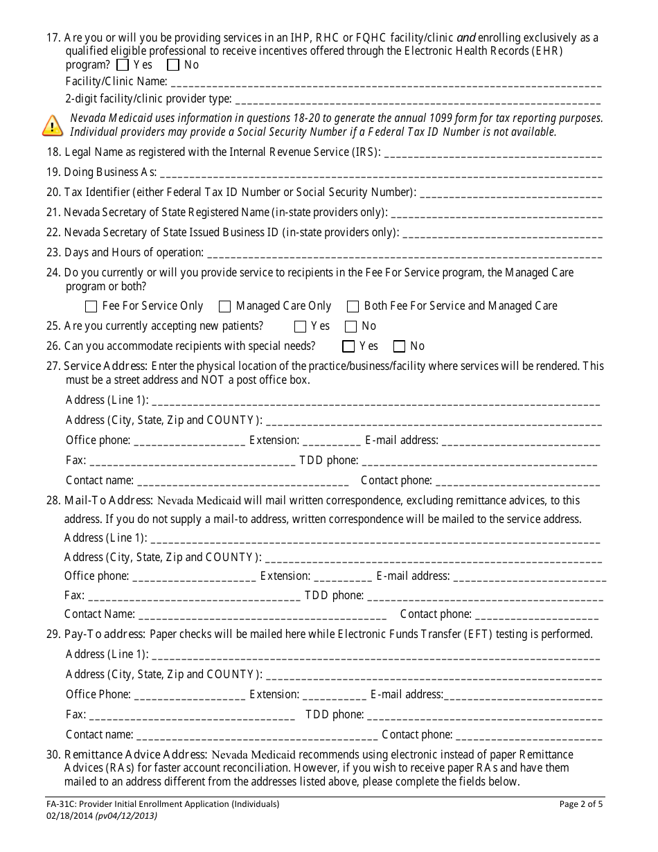 Form FA-31C Provider Initial Enrollment Application (Individuals) - Nevada, Page 5