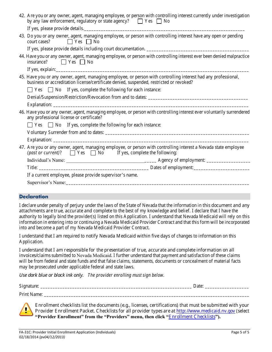 Form FA-31C Provider Initial Enrollment Application (Individuals) - Nevada, Page 8
