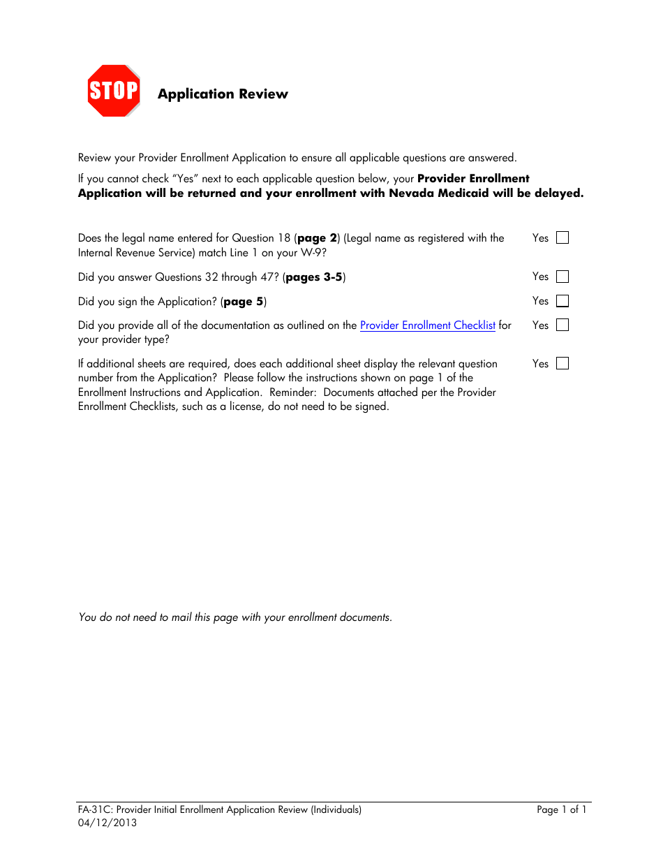 Form FA-31C Provider Initial Enrollment Application (Individuals) - Nevada, Page 9