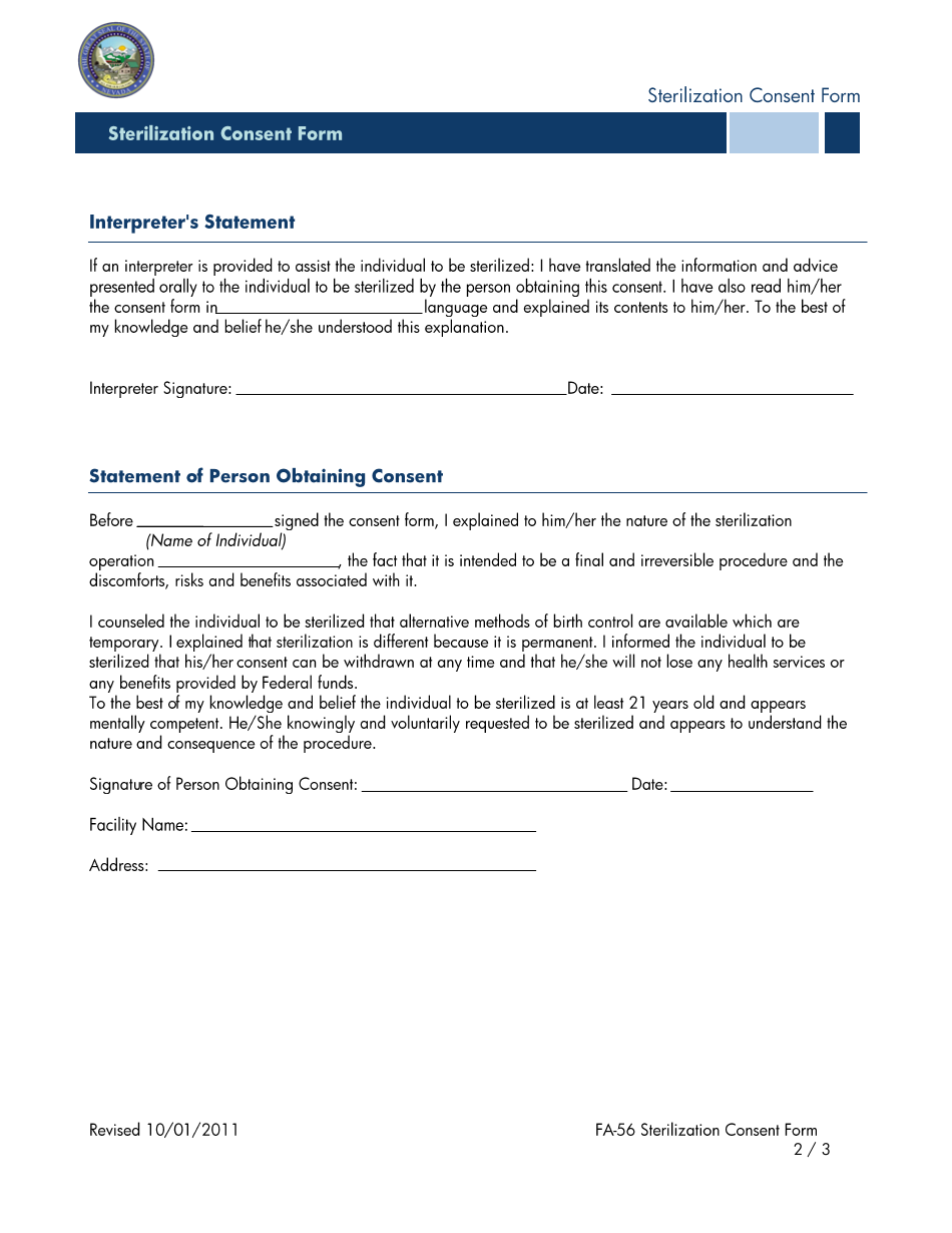 Form FA-56 Sterillization Consent Form - Nevada, Page 2