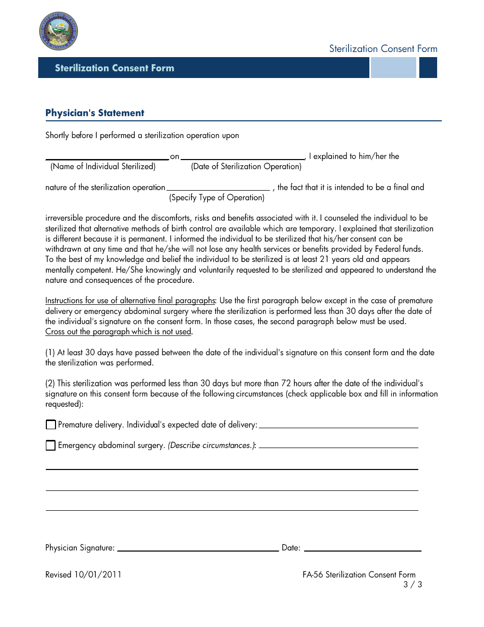 Form FA-56 Sterillization Consent Form - Nevada, Page 3