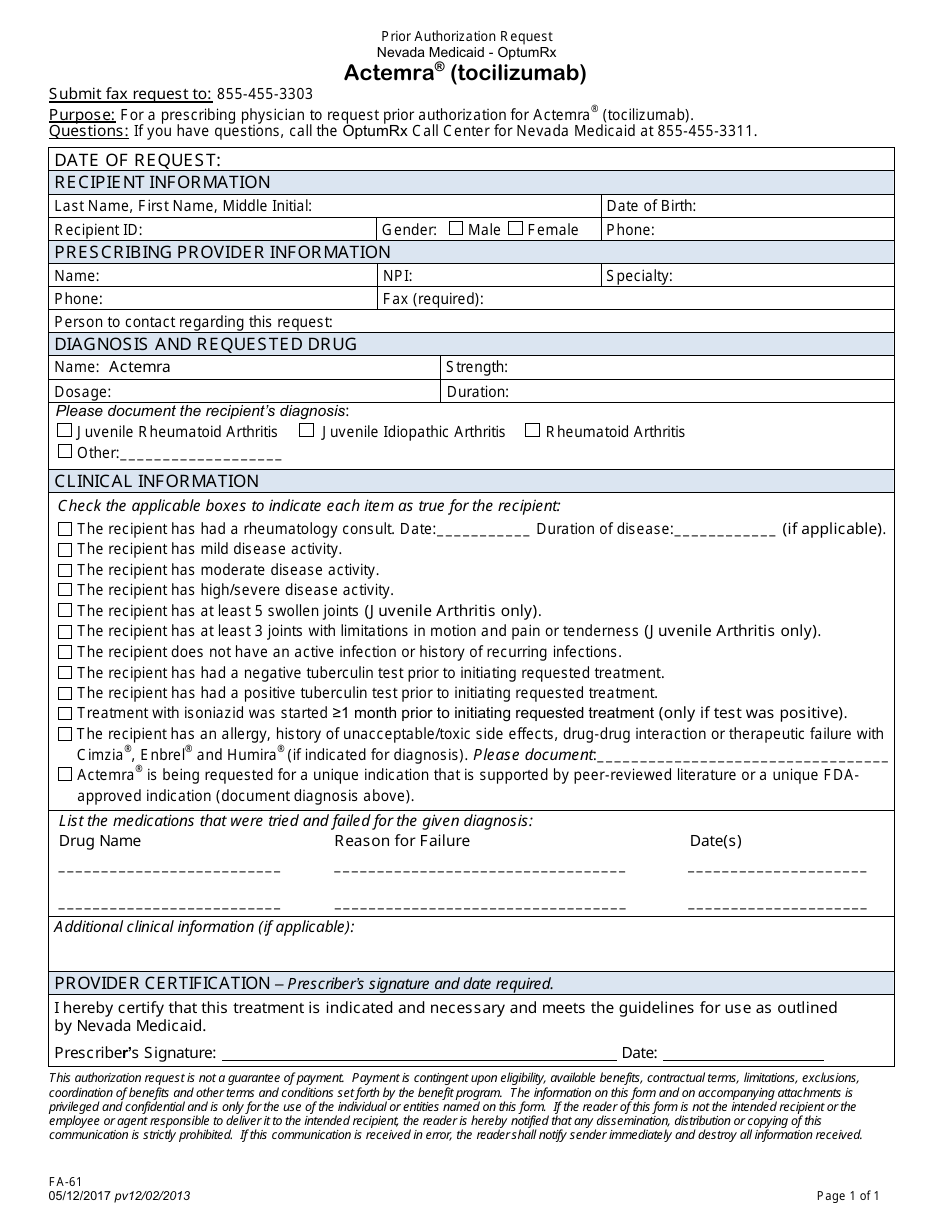Form FA-61 Prior Authorization Request - Actemra (Tocilizumab) - Nevada, Page 1