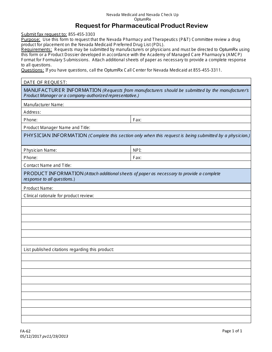 Form FA-62 Request for Pharmaceutical Product Review - Nevada, Page 1