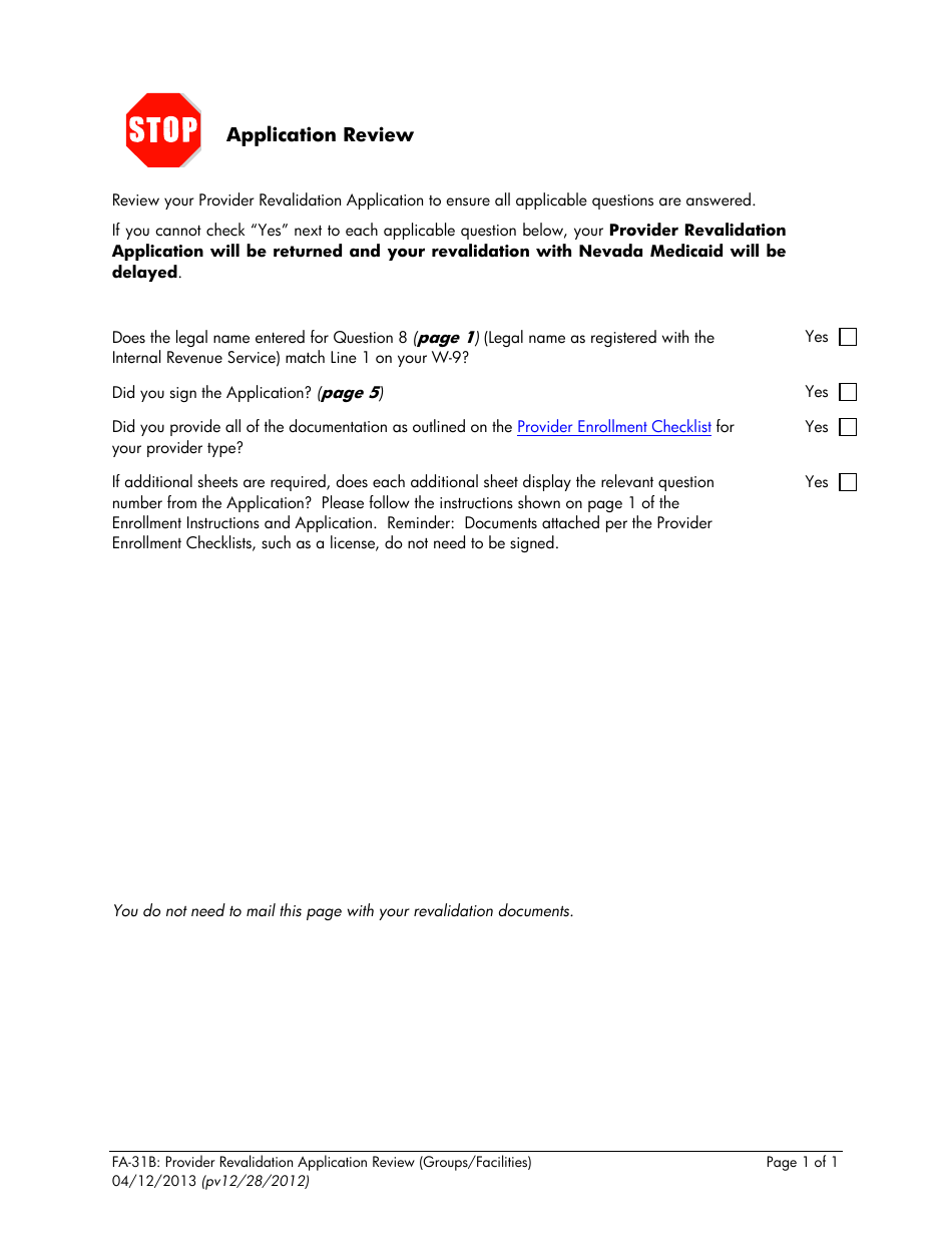 Form FA-31B Provider Revalidation Application (Groups / Facilities) - Nevada, Page 10