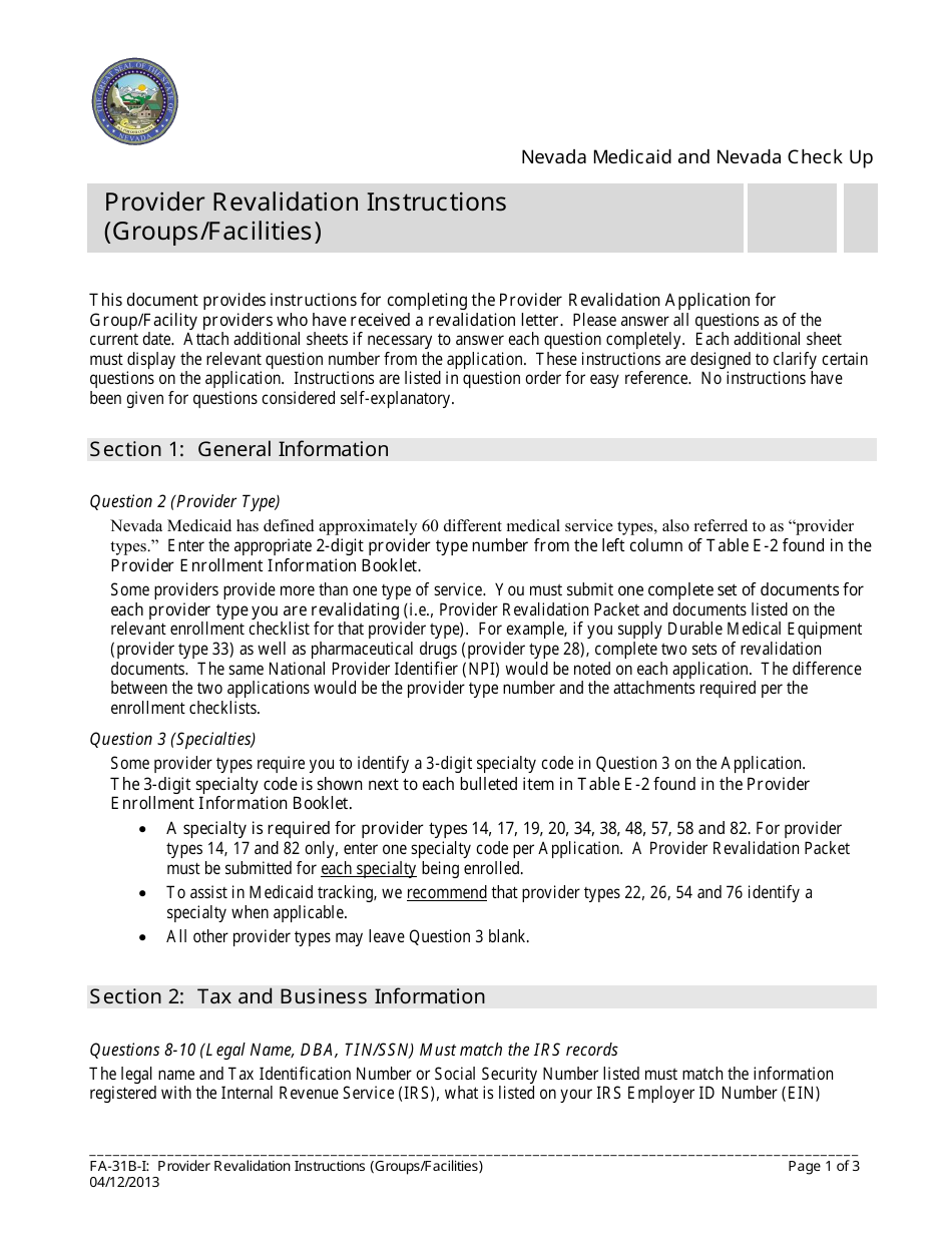 Form FA-31B Provider Revalidation Application (Groups / Facilities) - Nevada, Page 1