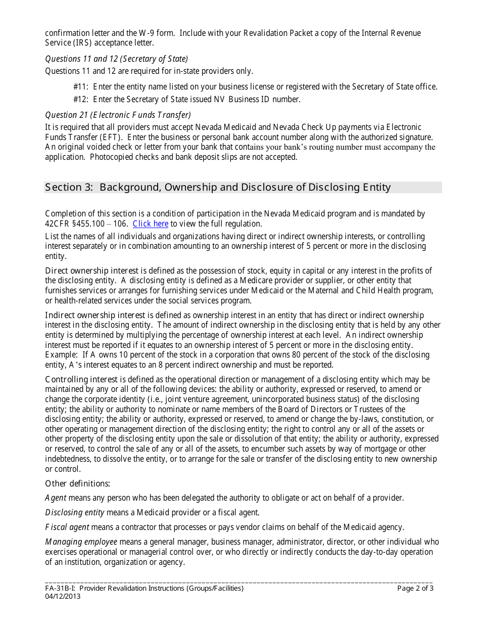 Form FA-31B Provider Revalidation Application (Groups / Facilities) - Nevada, Page 2