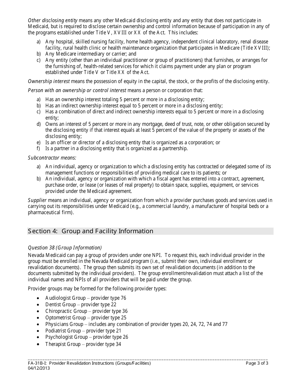 Form FA-31B Provider Revalidation Application (Groups / Facilities) - Nevada, Page 3