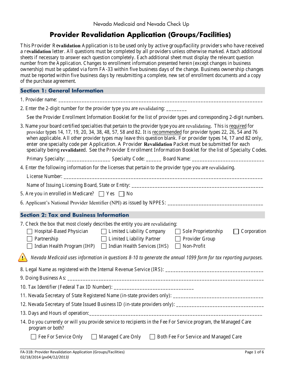 Form FA-31B Provider Revalidation Application (Groups / Facilities) - Nevada, Page 4