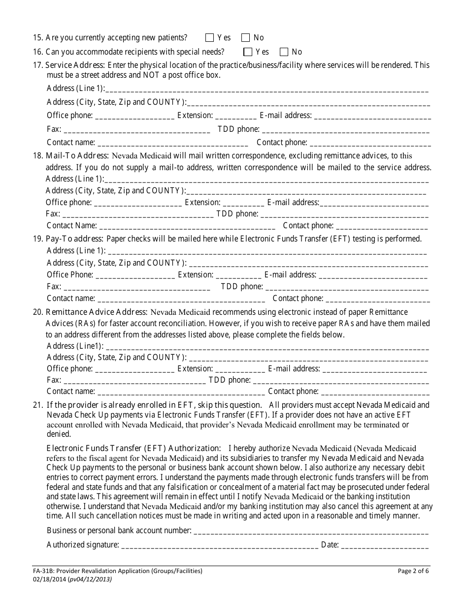 Form FA-31B Provider Revalidation Application (Groups / Facilities) - Nevada, Page 5