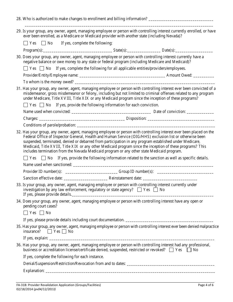 Form FA-31B - Fill Out, Sign Online and Download Fillable PDF, Nevada ...