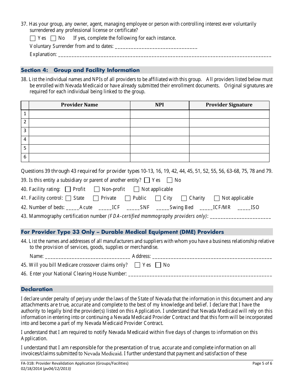 Form FA-31B Provider Revalidation Application (Groups / Facilities) - Nevada, Page 8