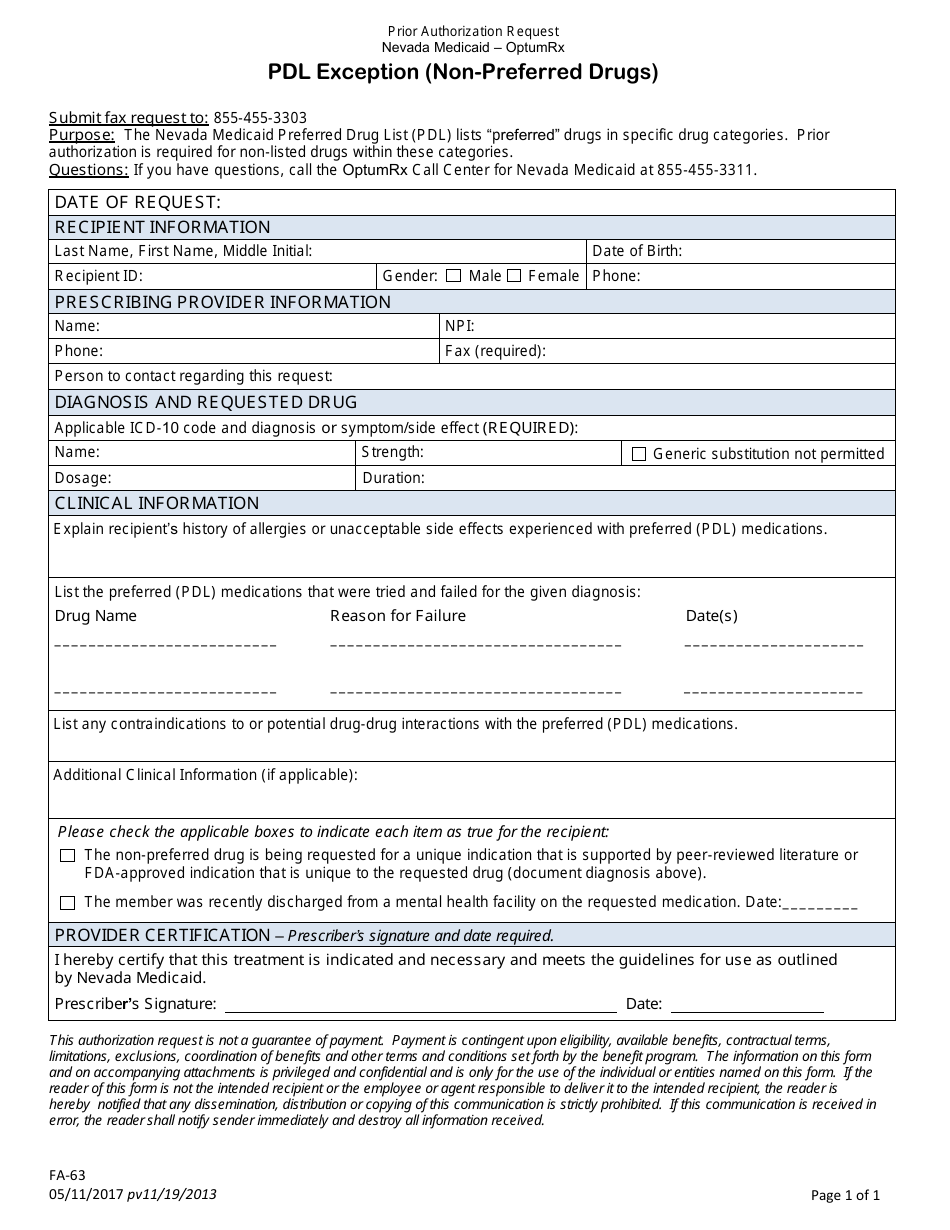 Form FA-63 Prior Authorization Request - Pdl Exception (Non-preferred Drugs) - Nevada, Page 1