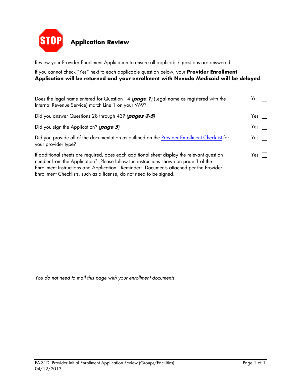 Form FA-31D Provider Initial Enrollment Application (Groups / Facilities) - Nevada, Page 10