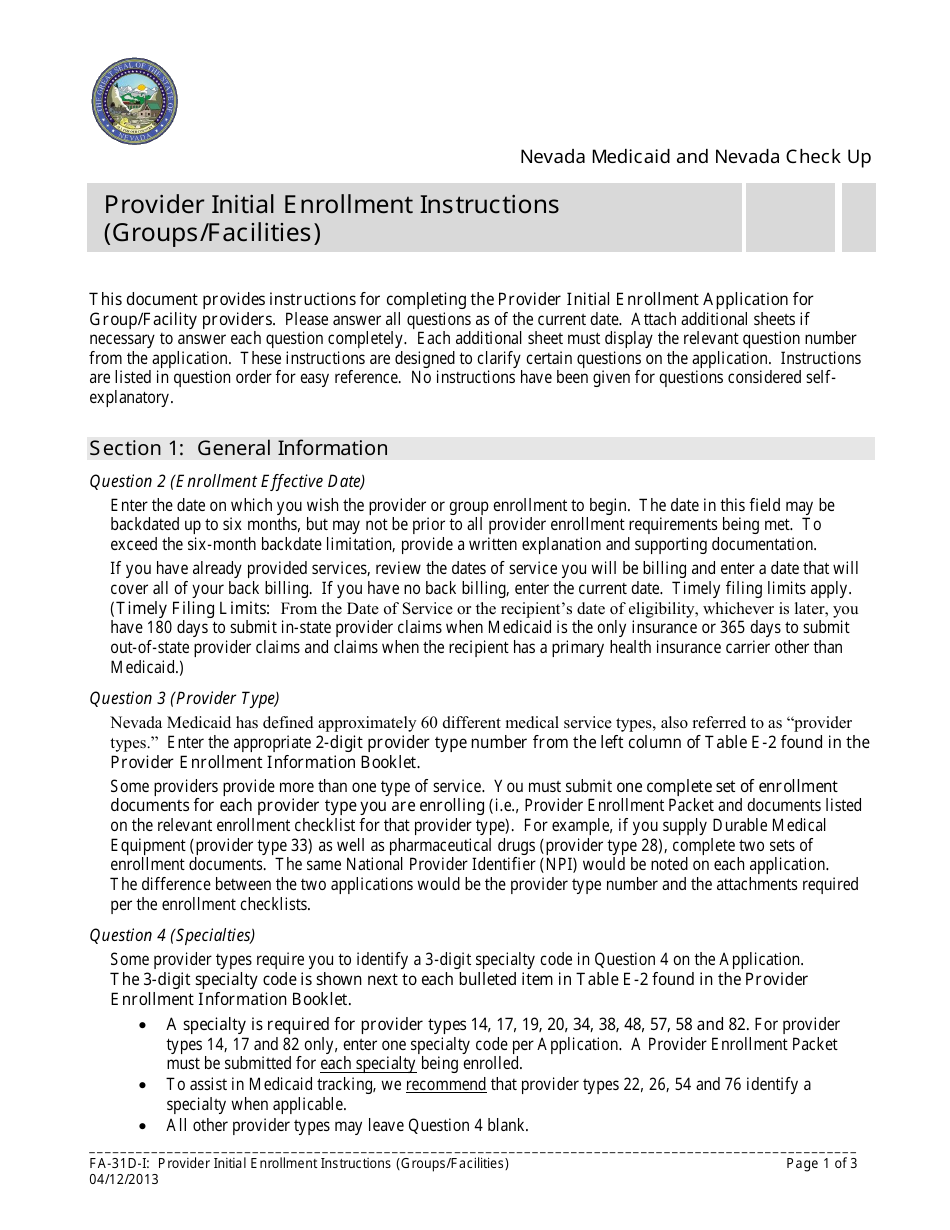 Form FA-31D Provider Initial Enrollment Application (Groups / Facilities) - Nevada, Page 1